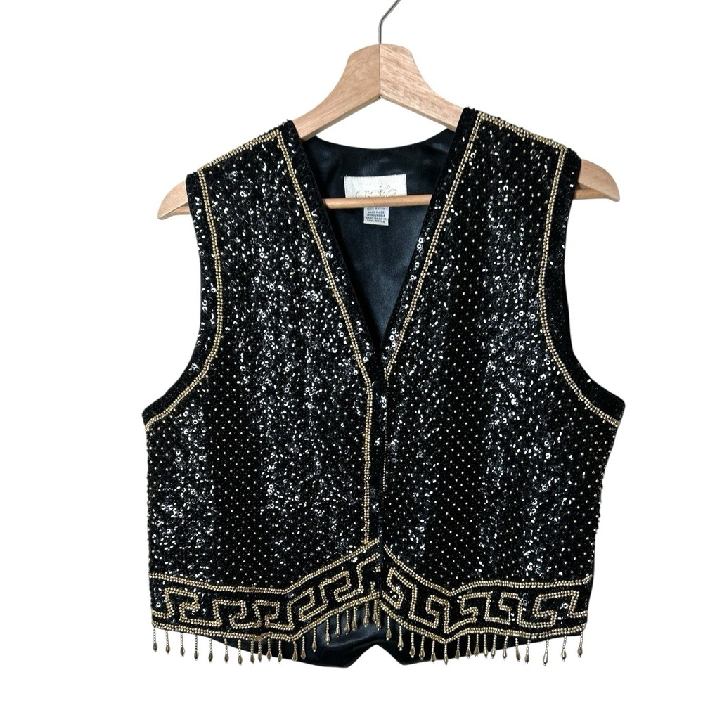 Vtg Cache Fringe Vest Black Gold Beaded Sequin Satin Snap Size 10 Evening 90's